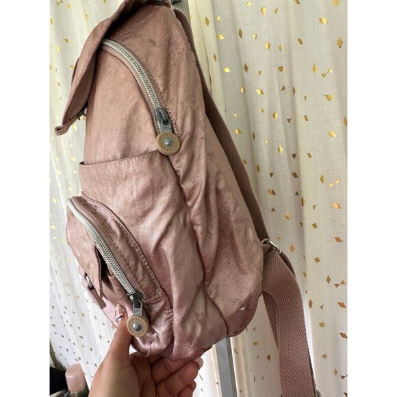 Kipling Metallic Rose Gold Durable Nylon Water Resistant Queenie Small Backpack - Picture 5 of 12